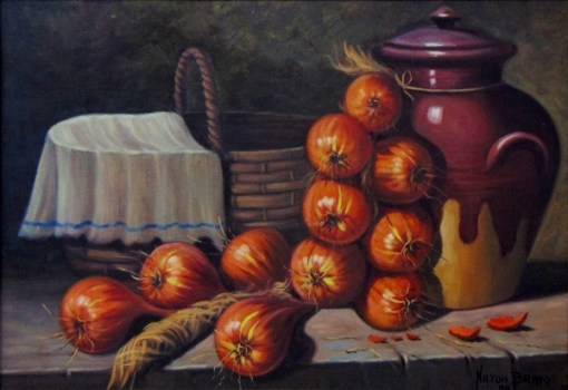NILTON BRAVO (1937-2005).Mesa com Cebolas, Cesto de Palha e Potiche, óleo s tela, 38 X 54. Assinado e datado (1988) no c.i.d.