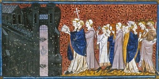 Religious procession at Saragossa, Royal 16 G VI, f. 32v, Chroniques de France ou de St Denis, Paris, after c. 1332