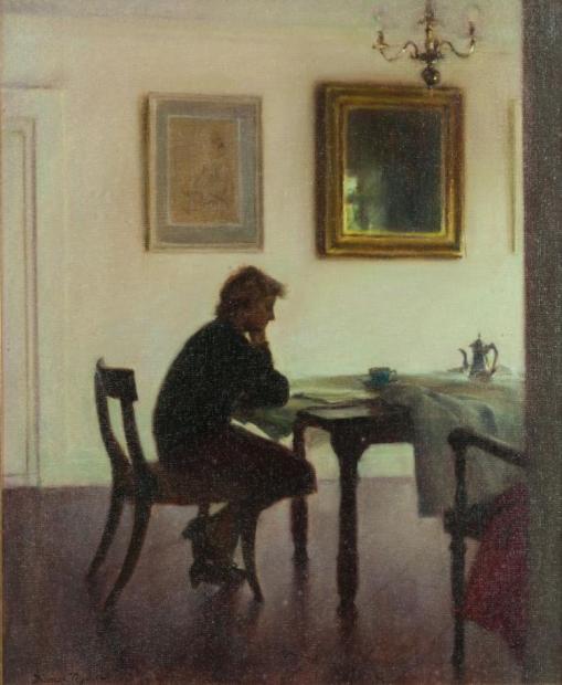 Thomas Ryan PPRHA (b.1929) Leitora- Mary lendo jornal na sala de jantar, osplaca, 64 x 53cm, 1986