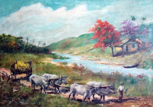 Alfredo Volpi- Cena Rural produzido em meados da década 20, óleo sobre tela, medindo 50cmx71cm, assinado no canto inferior direito