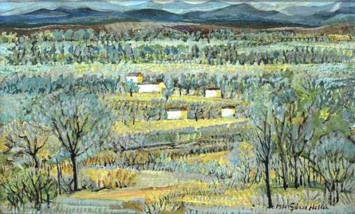 GEZA HELLER (1902 - 1992) Paisagem campestre com casas, o.s.m. - 20 x 33 cm. Assinado e datado 1971