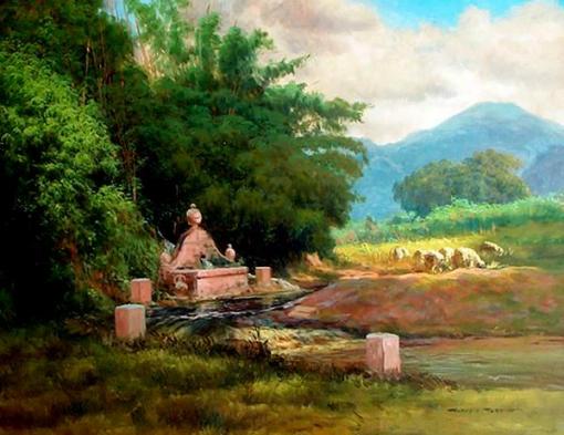 GILBERO GERALDO - Paisagem de Itariri - Iconografico - Litoral Sul Paulista - , Óleo sobre Tela , Assinado canto inferior direito, década de 1990, acompanha moldura da época, Medindo 73 x 91 cm ( sem moldura )