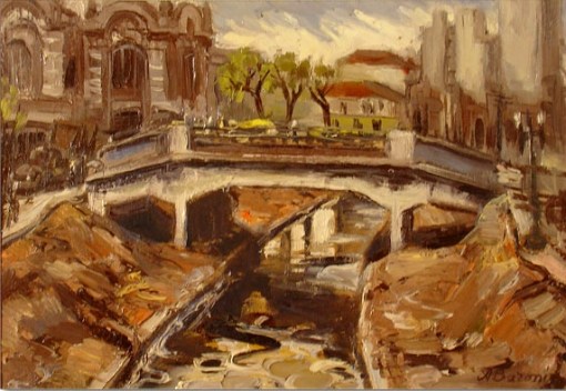 Aliberto Baroni, (1907-1994)Mercado de São Paulo com rio Tamanduateí. Óleo sobre placa, 23 x 35,5 cm.