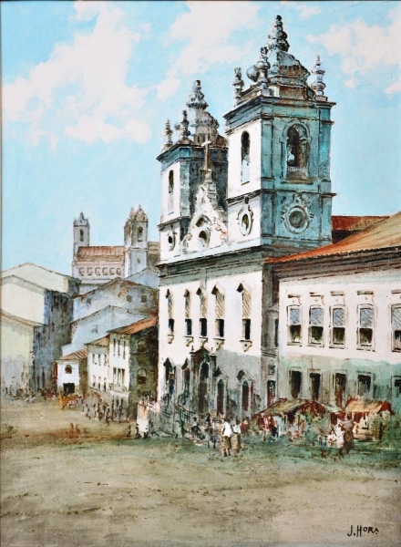 JAYME HORA (BAHIA, 1911-1977) - Casario e Igreja do Rosário dos Pretos no Pelourinho-Salvador, BA, óleo stela, 73 X 54.