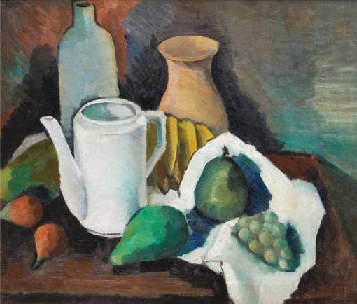 JOAQUIM FIGUEIRA Composição com Abacates e Cerâmica. Óleo stela fixado em placa. 50 x 58 cm. Circa 1942.