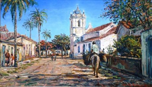 VAN DIJK, Wim (1915 - 1990) - Rua de Cabo Frio, com igreja de São Benedito, o.s.t. - 28 X 46 - Assinado cid e verso, datado 1980