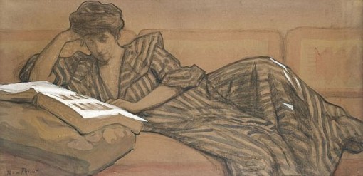 René Xavier François Prinet (frança,1861-1946)jeanne prinet lendo, crayon, aquarela sobre papel, 55 x 106 cm
