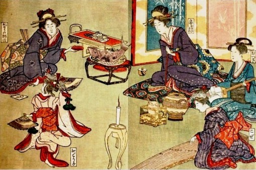 kiseru-woodblock-print-geisha-dinner-1916