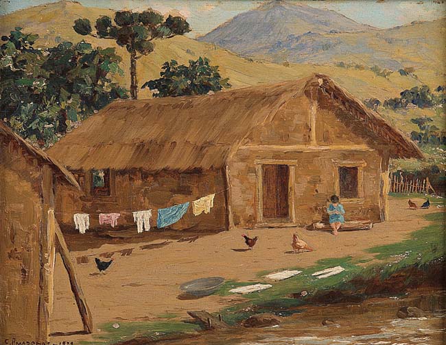 Clodomiro Amazonas,Paisagem com figura e galinhas,os madeira ,1929, 23,5 x 30 cm.