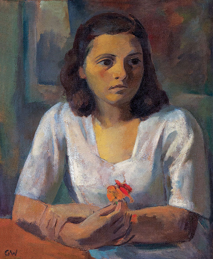 GastãoWORMS,Mulher com Flor na Mão,óleo s tela ccmadeira(década de 1940)65 x 54 cm