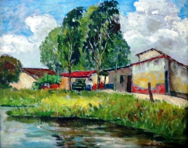Silva Neves - Casario - Canindé - Óleo sobre tela - 23 x 29 cm - 1938 - Com selo do Museu Lasar Segal no verso - exposição Marinhas e Ribeirinhas-1982