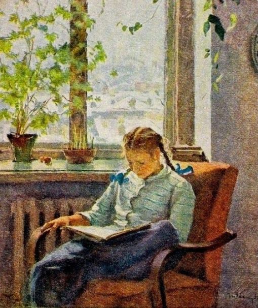 Arkady Plastov (Rússia, 1893-1972), menina lendo, ost