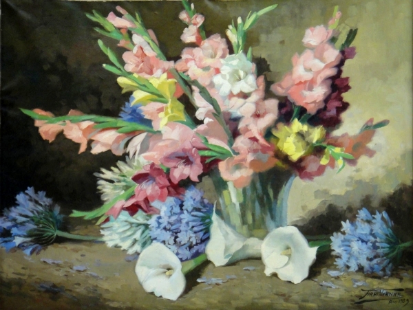 ARMANDO VIANNA (1897-1992). Vaso com Palmas e Copos de leite, óleo s cartão, 65 X 85. Assinado e datado (1959)