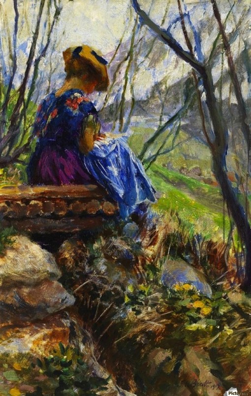 FERDINAND MAX BREDT (Alemanha, 1860-1921) - Moça lendo - Óleo sobre painel - 38,9 x 25,7 - 1860