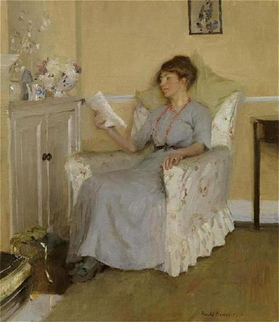 HAROLD C. HARVEY (GN, 1874-1941)-, a hora do lazer, retrato de Gertrudes lendo, a esposa do artista, 1917, ost, 41x36cm