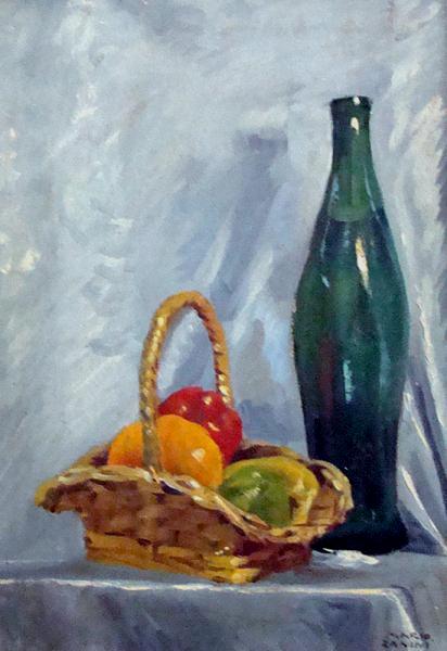 Mario Zanini - frutas e garrafa, óleo sobre tela, medindo 45cm x 30cm