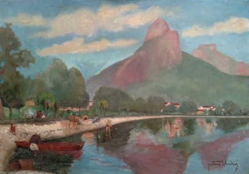 Petrus Verdié (Firminy, França, em 1875 Rio de Janeiro em 1951.) óleo sobre tela Lagoa Rodrigo de Freitas, Dois Irmãos e Pedra da Gávea medindo 65 cm por 91 cm