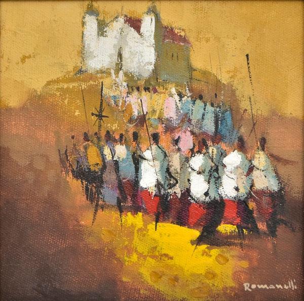 ROMANELLI, ARMANDO (1945). Procissão, óleo s eucatex, 20 X 20. Assinado no c.i.d. e no verso datado (1979).