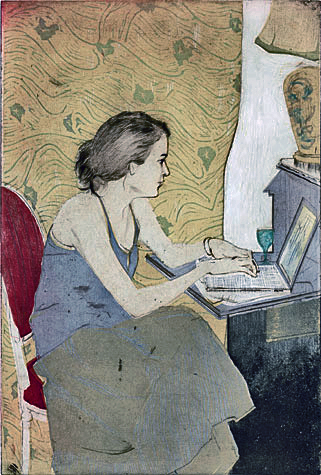 Elizabeth HeckEllen Heck, Elizabeth on her Laptop (2009) Woodcut, drypoint and aquatint.