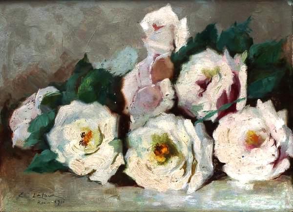 EUGÊNIO LATOUR (1874-1942) - Natureza Morta - Rosas,óleo sobe madeira, 24 x 33cm, 1910