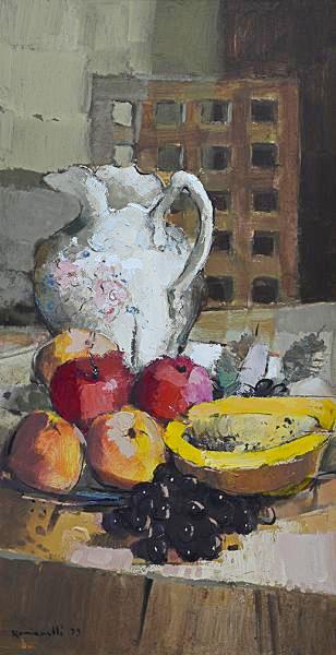 ROMANELLI, Armando (1945) -Jarra e Frutas, óleo sobre chapa de madeira industrializada - 70 x 35 cm. Assinado e datado 79 frente e verso