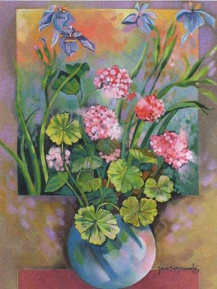 Yara tupinambá, flores roxas, 1989, tela colado em eucatex, 85x65