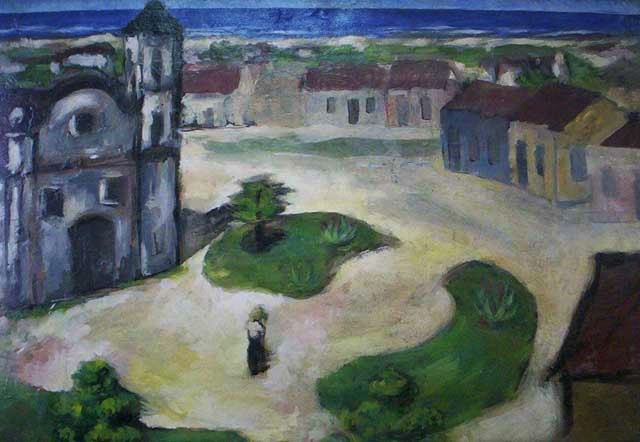 Carlos Prado (1908 - 1992),Paisagem com Igreja,Óleo sobre madeira,48 x 69 cm