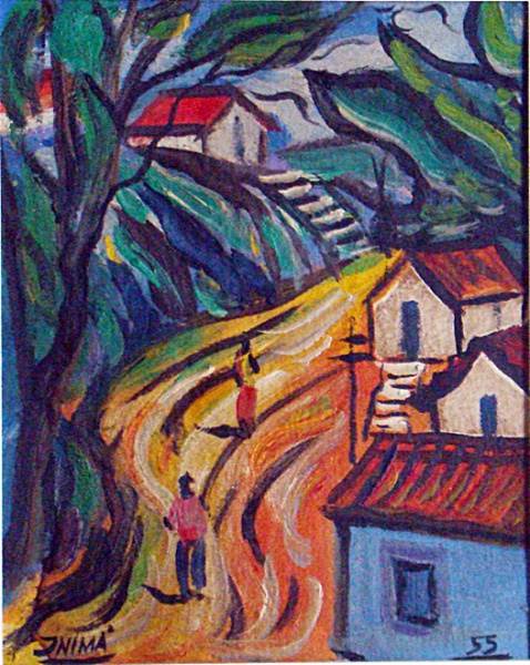 Inimá de Paula - paisagem cena rural de 1955, óleo sobre cartão, 20cm x 16cm, assinado no CIE