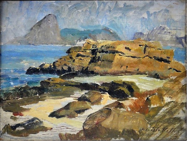 ALUISIO VALLE (1906-1988). Rio de Janeiro visto por Niterói, óleo smadeira, 27 x 35. Assinado no c.i.d.