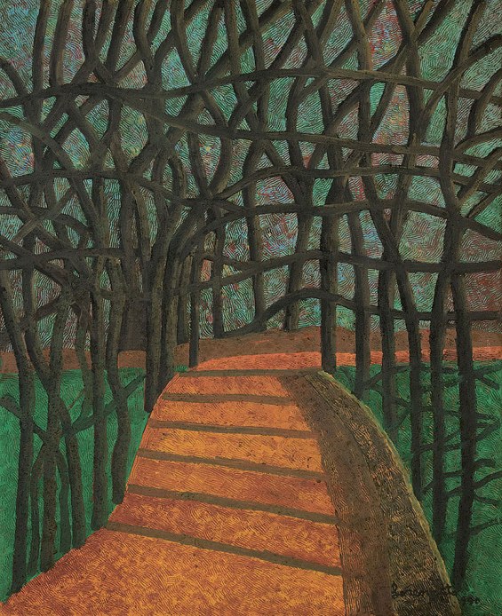 Lorenzato, Luciano Amadeo, Estrada arborizada, oschapa de madeira indust., 1990, 90x 70cm