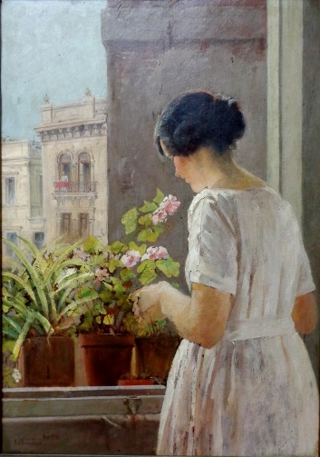 ARTHUR TIMÓTHEO DA COSTA, óleo sobre cartão, datado de 1918, representando figura feminina na janela, medindo 49 x 70 cm.