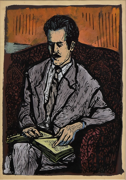 CARLOS SCLIAR. Linoleogravura à cores. A Leitura. Assinado. 32 x 22 cm