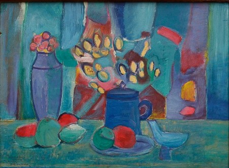 IONE SALDANHA - Natureza Morta, O.S.T, assinado no canto inferior direito, datado de 1956, dedicado ao seu mestre Pedro C. Araújo. 50x65 cm