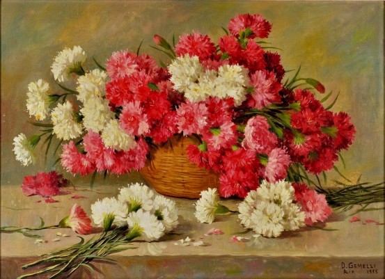 D. GEMELLI - Cesto com flores, óleo sobre tela, 54 x 73 cm. Assinado no canto inferior direito, Rio 1955,