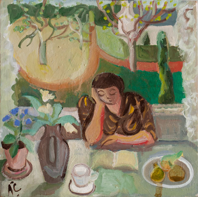 Anthea Craigmyle (GB, 1933-2016) Alison lendo à janela, osplaca, 15 x 15 cm