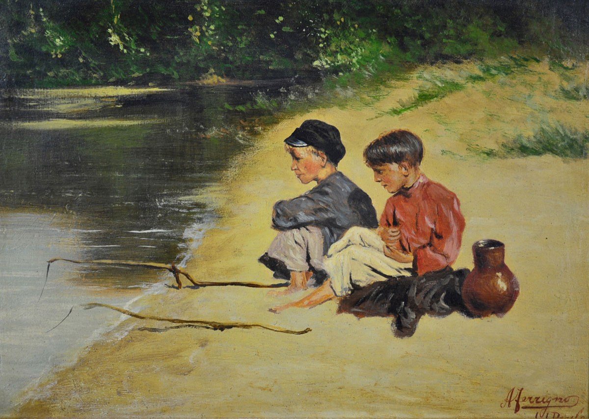ANTONIO FERRIGNO - (1863 - 1940) Meninos pescando - osm - 20 x 28 - cid - São Paulo