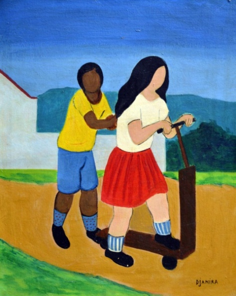 Djanira - Crianças e Patinete, óleo sobre tela, medindo 46 x 38 cm, assinado no C.I.D., consta no verso etiqueta da Galeria Continental de 1972.