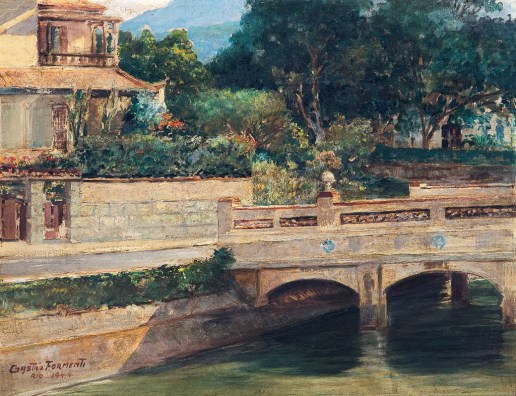 GASTÃO FORMENTI,Ponte do Jardim Pernambuco,óleo s madeira, ass., dat. 1944 e sit. Rio inf. esq.27 x 35 cm