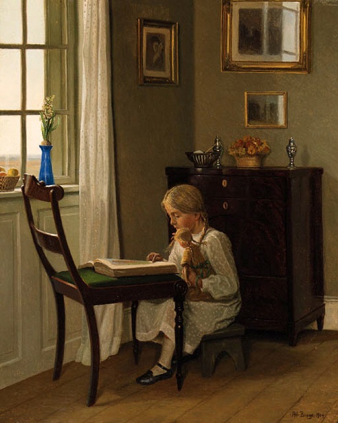 Karl Harald Alfred Broge( 1870-1955, Danish)A Young Girl Seated Reading Before The Window