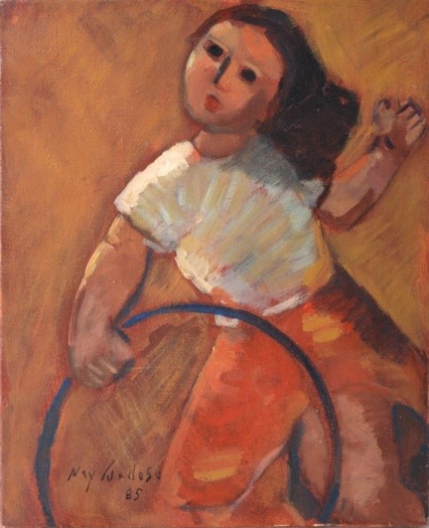 NEY CARDOSO - Menina e bambolê óleo sobre tela 27 x 22 cm. Assinado e datado no canto inferior esquerdo, 1985.