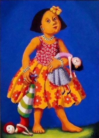 Pedro Souza (Brasil, 1947)Menina com boneca, oleo sobre tela 50x70cm com moldura.