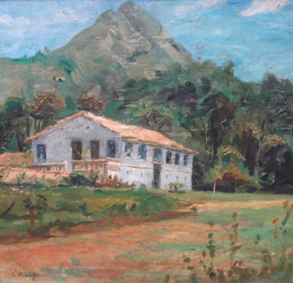 Borghese. Velho Solar Bandeirante aos pés do Pico do Jaraguá - Iconografia Paulista, óleo sobre madeira, med. 42 x 42 cm, assinado c.i.e.
