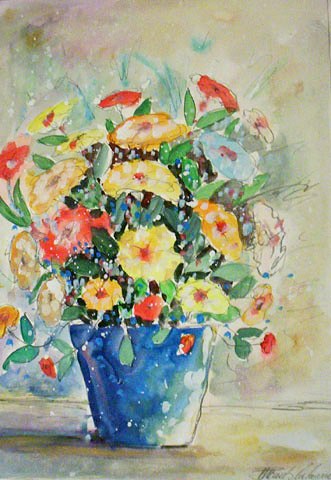 Paulo Calazans (1947)Vaso azul e flores amarelasAquarela54 x 38 cm