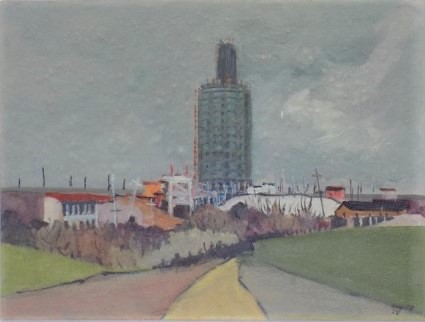 BRITO, ORLANDO (1920-1981). Centro da Barra, Torre da Av. Sernambetiba (série Rio 1974), aquarela, 30 x 40. Assinado e datado (1974)