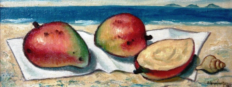 CAMPOFIORITO, Quirino - 1902-1993 - Mangas e mar, o.s.t. colada em eucatex - 18 x 48 - Assinado e datado 1982 cie e verso.