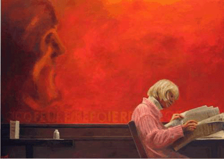 Aart Everaarts (Holanda, contemporâneo)Mulher lendo em Mião, acrilico sobre papel, 100x140cm, século XXI