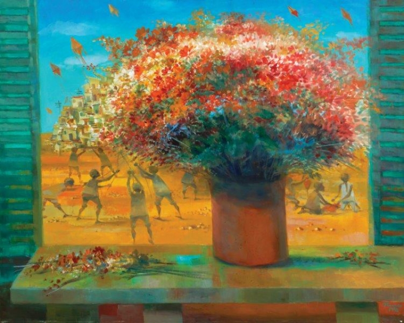 Bianco,Vaso de flor e meninos soltando pipas – ose,1998 - 80 x 100