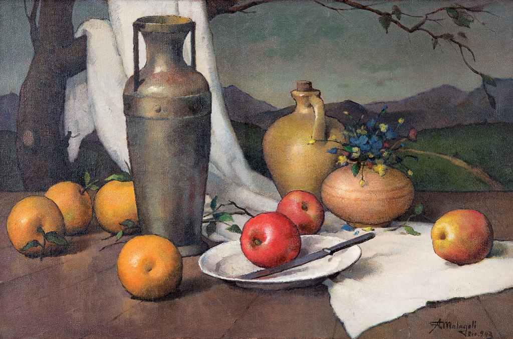 MALAGOLI, Ado,Composição co m Frutas e Objetos,óleo s tela, ass., dat. 1943, sit. Rio inf. dir. e com carimbo do Salão Nacional de Belas Artes – 1944 no verso,60 x 91 cm