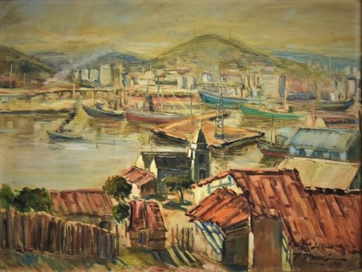 ROBERTO PARAGÓ (1941-1996). Vista do Cais do Porto Tomada do Morro da Penha - Niterói, óleo stela, 46 X 61. Assinado e datado (1981) no c.i.d. e no verso.