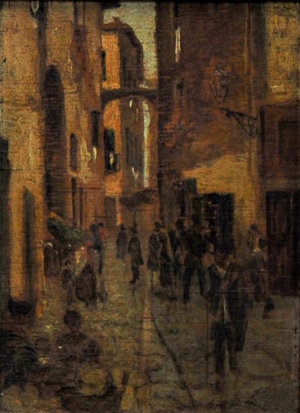 AGOSTINELLI, MÁRIO (1915-2000). Cena Urbana com Personagem no Centro do Rio, óleo s madeira, 16 X 11